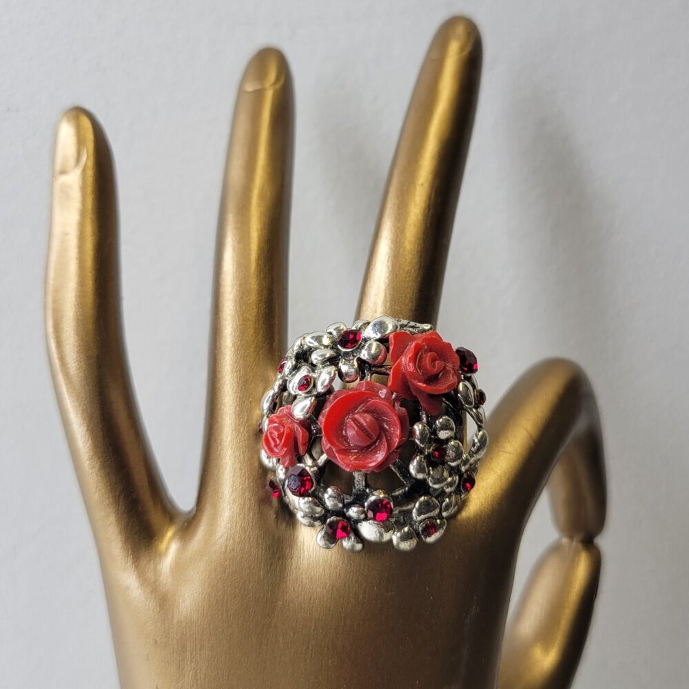 Vintage Red Floral Filigree Ring Silver Tone with Crystals